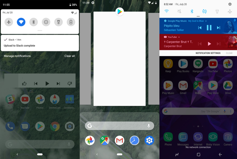 From left to right: The Notification menu in Android P. Top view of open apps in Android P. The notification menu on a Samsung Galaxy S9.
